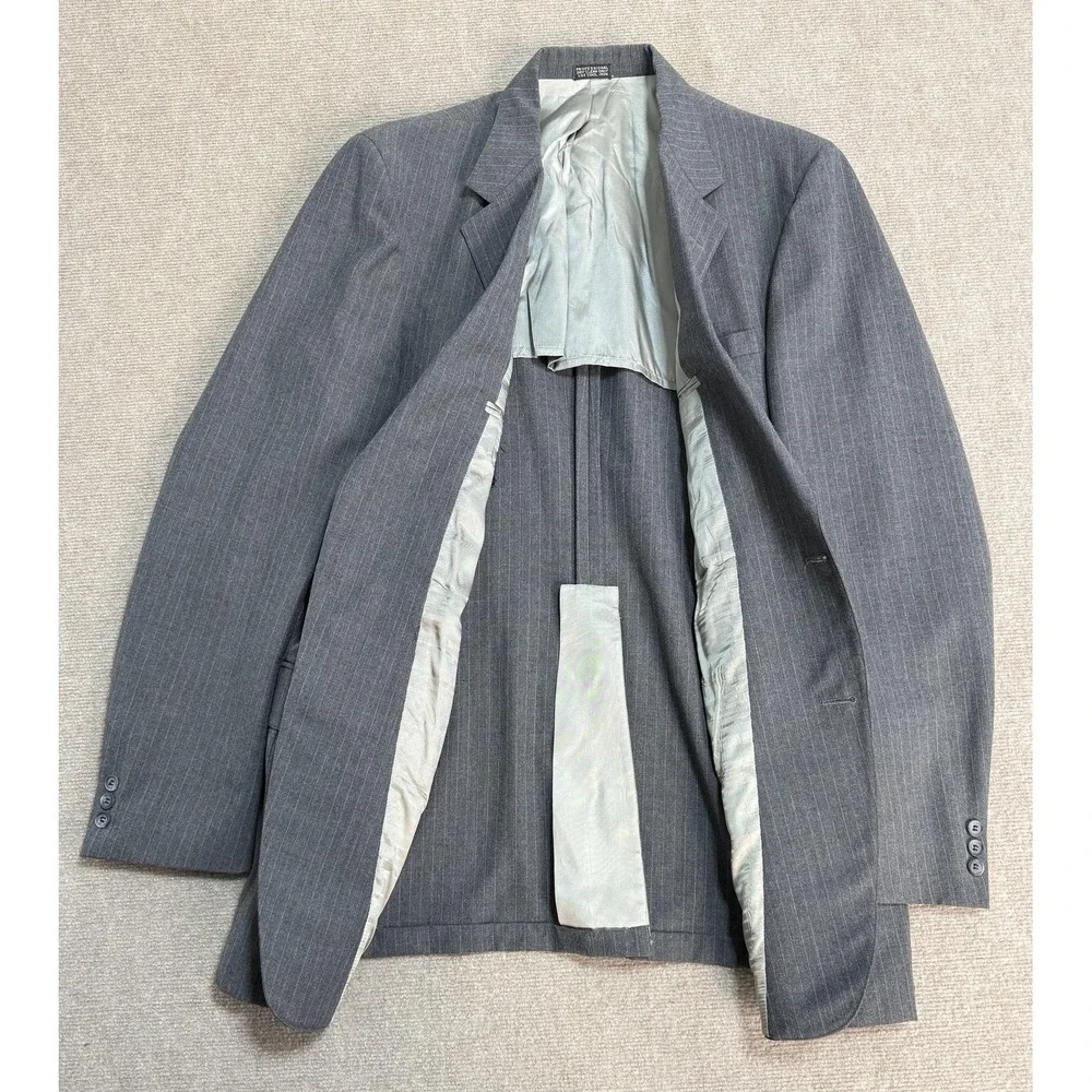 t&e clothing Suit Mens 48 Gray Pinstripe 3 Piece Jacket‎ Vest Pants 2 Button